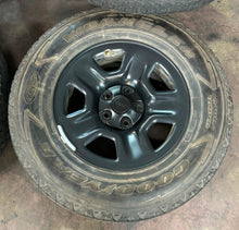 Load image into Gallery viewer, Set of Four Used 17" Black Steel Jeep Wrangler Gladiator Rims 245/75R17 Tires LT