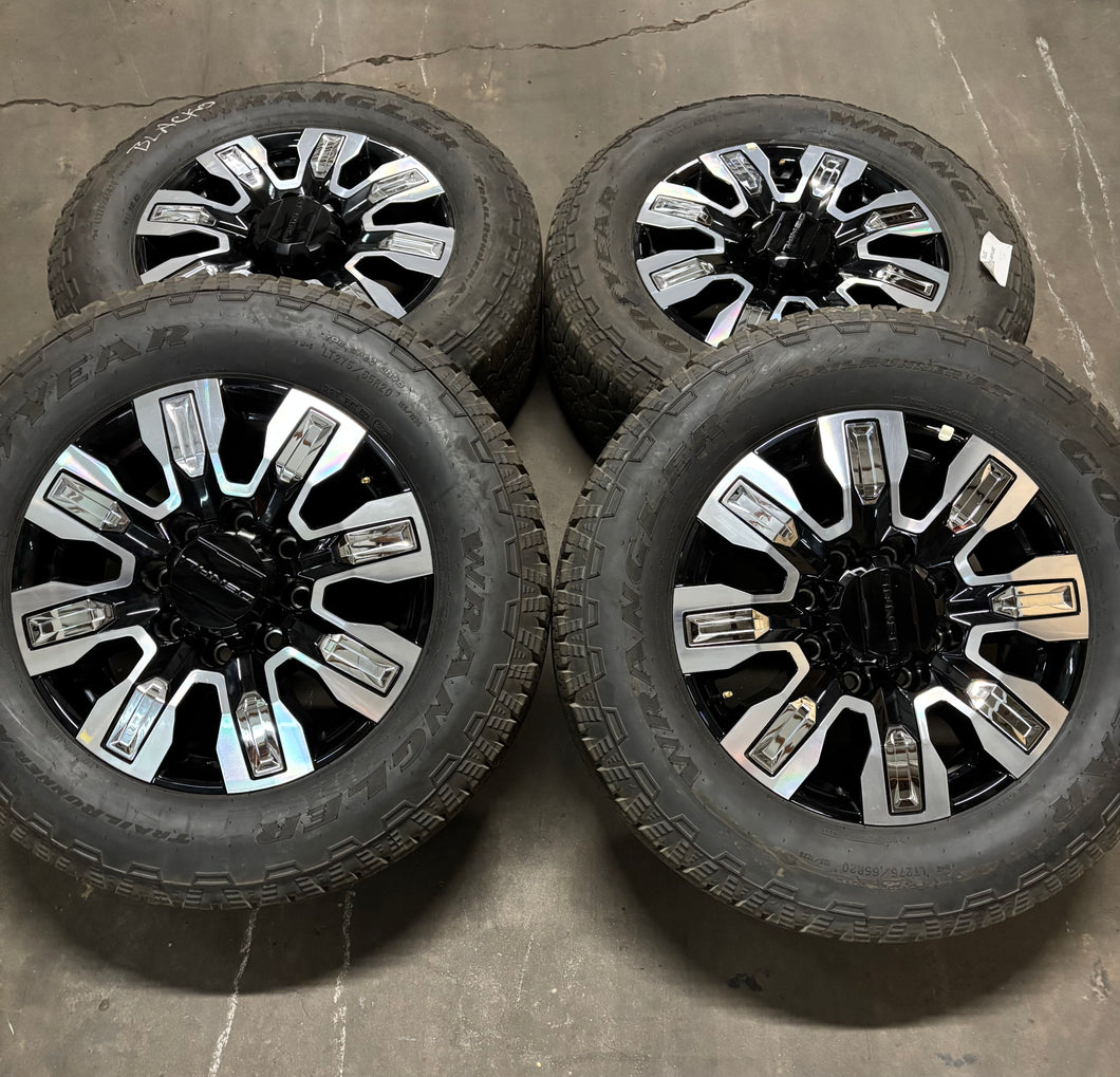 Set of 4 Used '11-'24 GMC Sierra 2500 Black Milled Rims 275/65R20 Goodyear AT LT