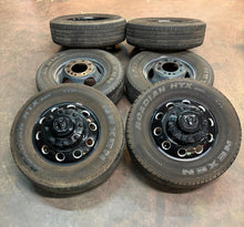 Load image into Gallery viewer, Set of Six Used OEM &#39;19-&#39;25 RAM 3500 Dually 17&quot; Black Wheels 235/80R17 Nexen LT
