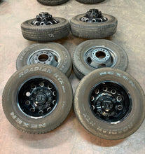 Load image into Gallery viewer, Set of Six Used OEM &#39;19-&#39;25 RAM 3500 Dually 17&quot; Black Wheels 235/80R17 Nexen LT
