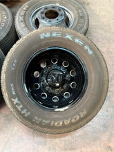 Load image into Gallery viewer, Set of Six Used OEM &#39;19-&#39;25 RAM 3500 Dually 17&quot; Black Wheels 235/80R17 Nexen LT
