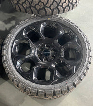 Load image into Gallery viewer, Set of New OEM 24&quot; &#39;00-&#39;25 GMC Sierra 1500 Black Wheels on 33/12.50R24 Kenda RT
