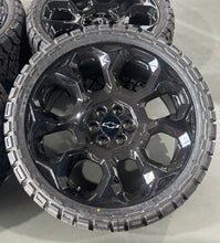 Load image into Gallery viewer, Set of New OEM 24&quot; &#39;00-&#39;25 GMC Sierra 1500 Black Wheels on 33/12.50R24 Kenda RT
