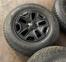 Load image into Gallery viewer, Set of 5 Used 17&quot; &#39;07-&#39;24 Jeep Wrangler Black Rims 245/75R17 Goodyear Tires LT
