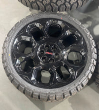 Load image into Gallery viewer, Set of New OEM 24&quot; &#39;00-&#39;25 GMC Sierra 1500 Black Wheels on 33/12.50R24 Kenda RT

