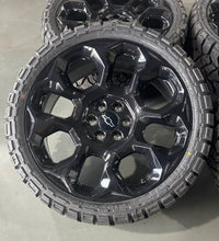 Load image into Gallery viewer, Set of New OEM 24&quot; &#39;00-&#39;25 GMC Sierra 1500 Black Wheels on 33/12.50R24 Kenda RT
