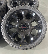 Load image into Gallery viewer, Set of New OEM 24&quot; &#39;00-&#39;25 GMC Sierra 1500 Black Wheels on 33/12.50R24 Kenda RT
