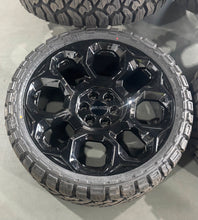 Load image into Gallery viewer, Set of New OEM 24&quot; &#39;00-&#39;25 GMC Sierra 1500 Black Wheels on 33/12.50R24 Kenda RT
